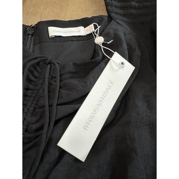 Jonathan Simkhai Tiered Mini Dress Size 6 Black Puff Sleeve Ruched Lace Trim - Picture 8 of 12